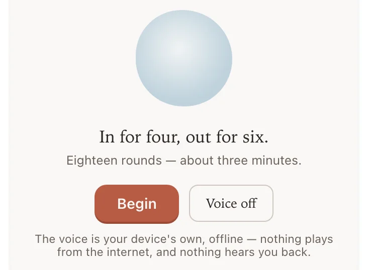Take a break: a breathing circle, in for four and out for six, eighteen rounds.