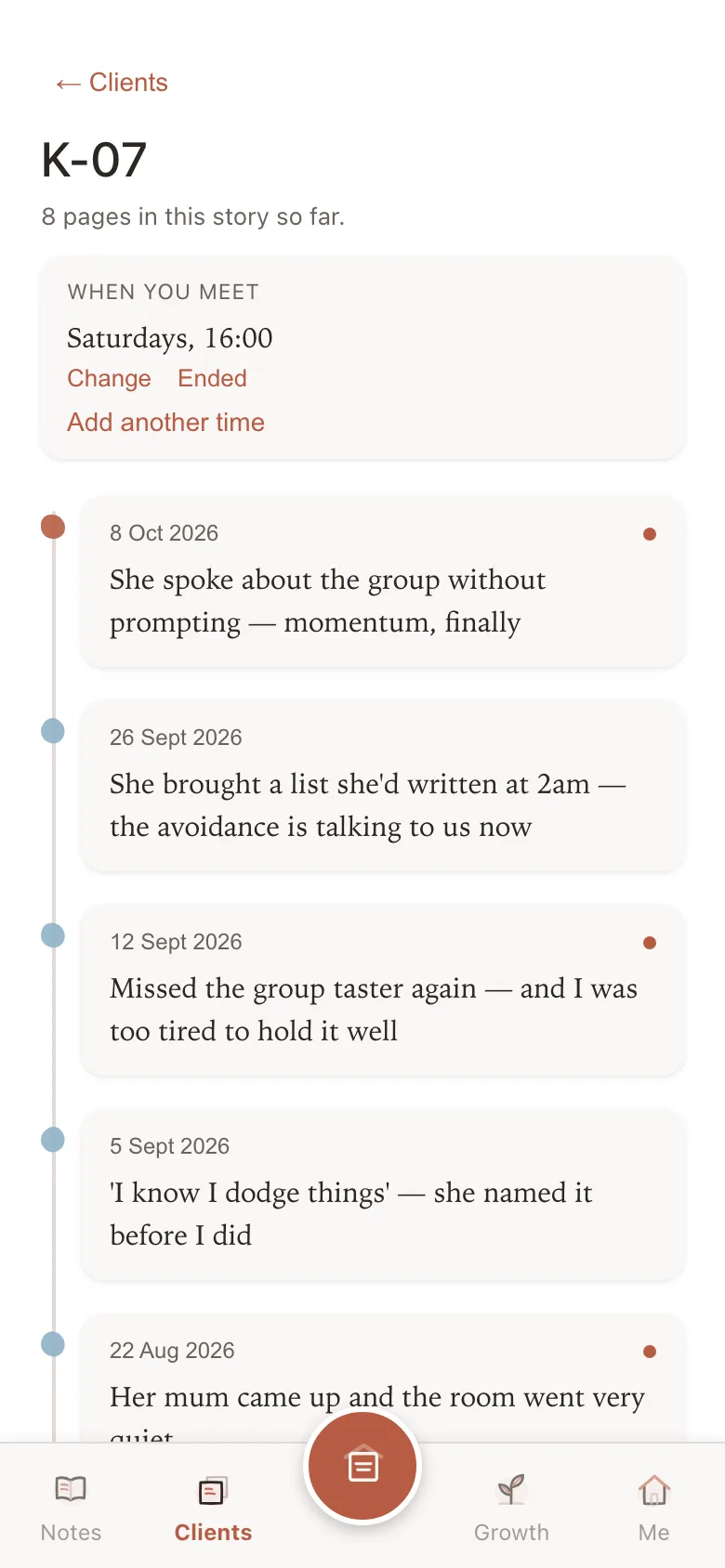 K-07's timeline: eight pages in order, flagged ones marked with a dot.